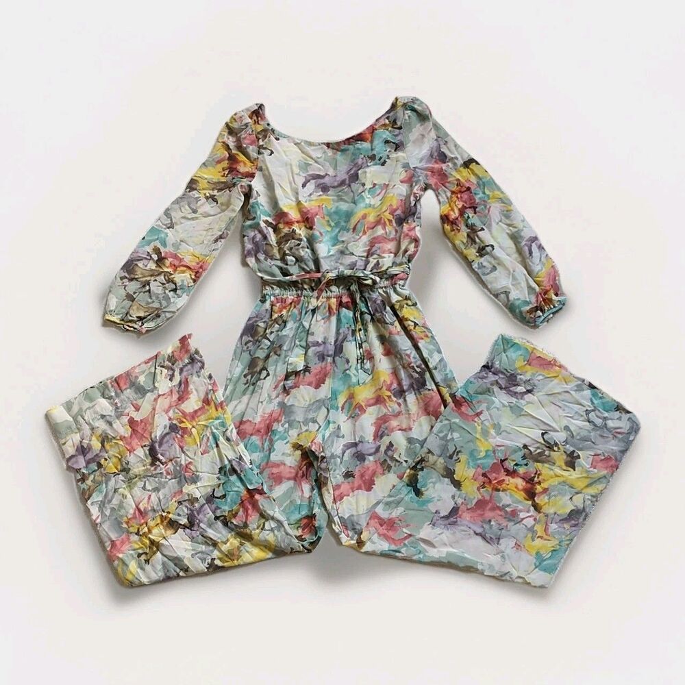Ainsley Watercolor Horse Print Jumpsuit Womens M Exquisite Drape Silk Cotton